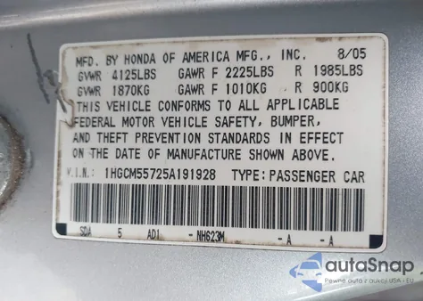 2005 Honda Accord 2.4 Ex from USA, damaged, VIN 1HGCM55725A191928